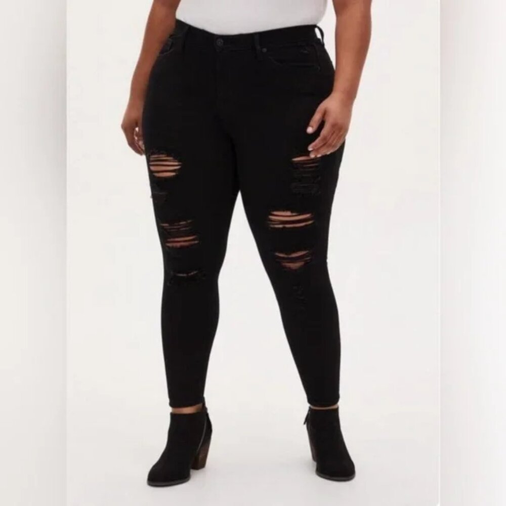 Torrid Sky High Skinny Jeans - Distressed Black Denim, Size 20R
